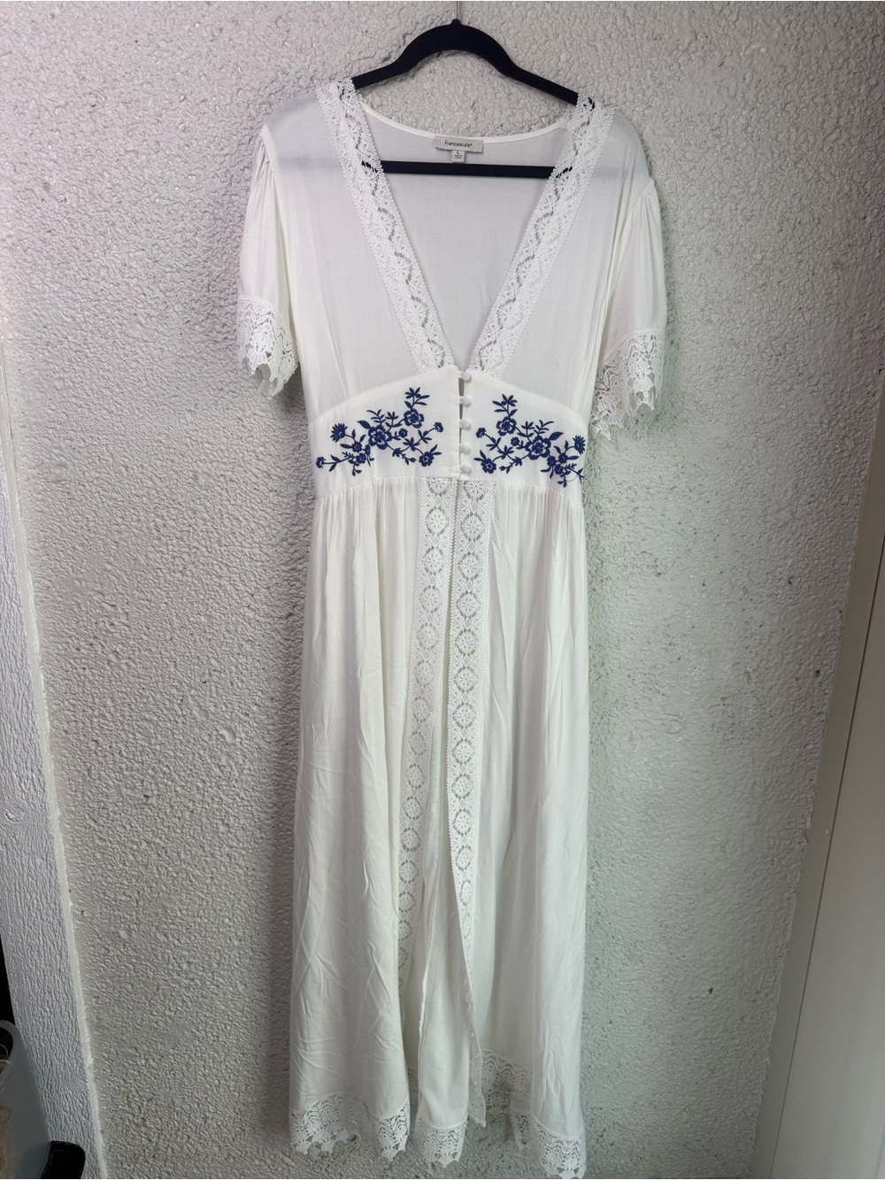 Francesca’s White Embroidered Lace-Trim Maxi Kimono
